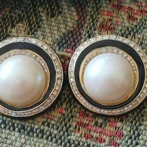 Signed Nina Ricci Earrings Faux Pearl Black Enamel